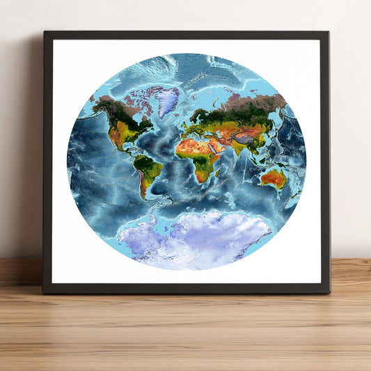 World framed shaded relief map in black frame, showing Van der Grinten Projection. Artistic print highlighting vegetation and bathymetry