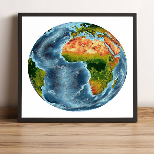 World framed shaded relief map in black frame, showing Vertical Perspective Projection. Artistic print highlighting vegetation and bathymetry
