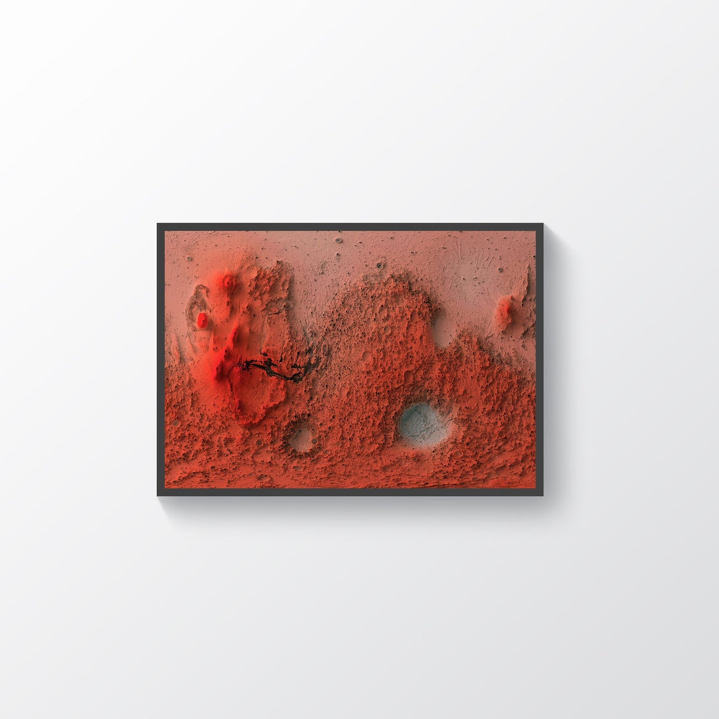 Mars framed shaded relief map in black frame. Artistic print highlighting mountains with a realistic terrain effect
