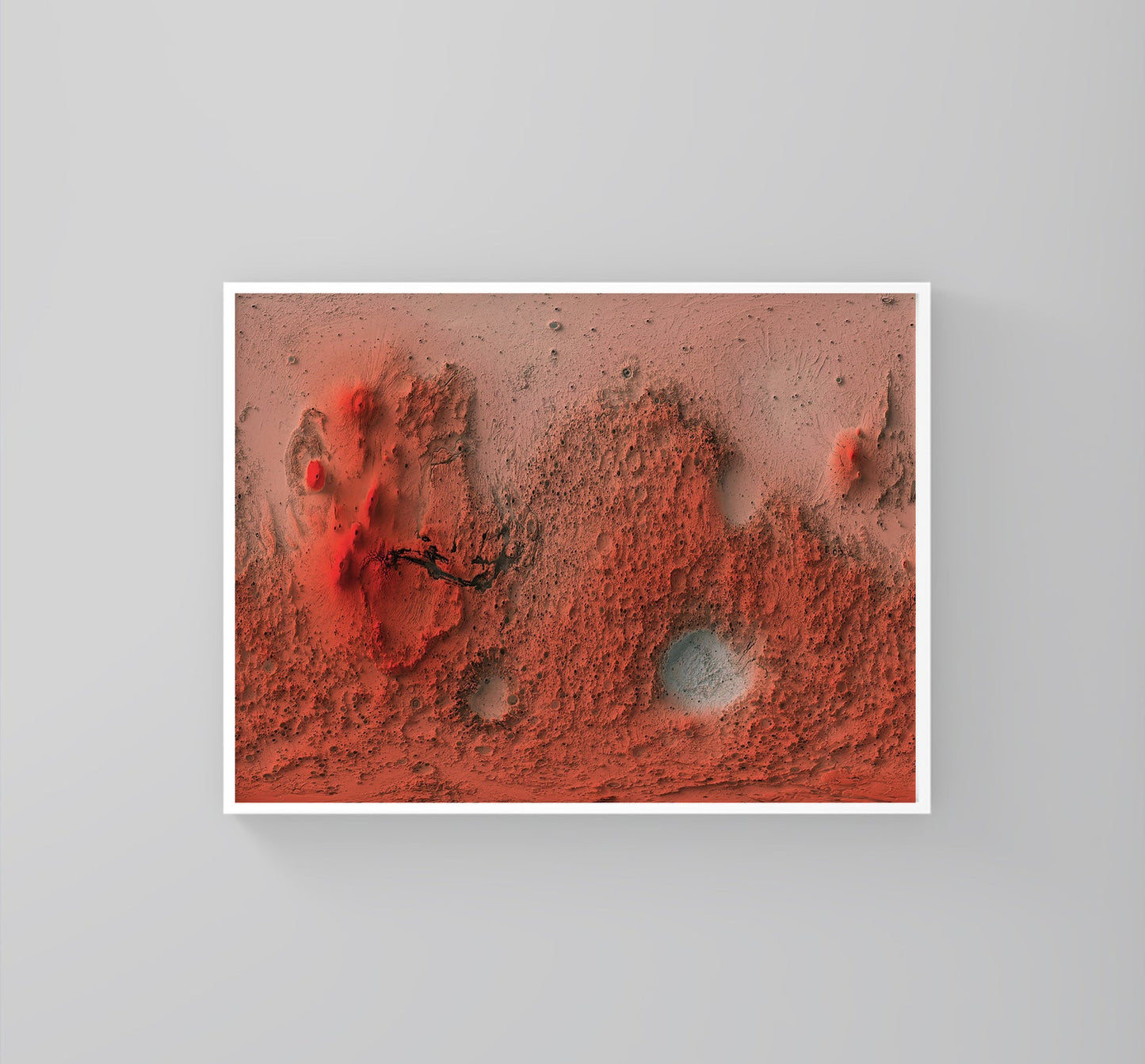 Mars framed shaded relief map in white frame. Artistic print highlighting mountains with a realistic 3d effect