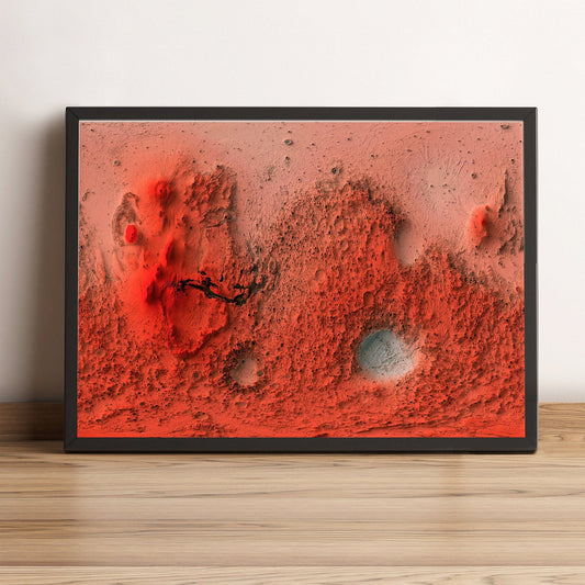 Mars framed shaded relief map in black frame. Artistic print highlighting mountains with a realistic terrain effect