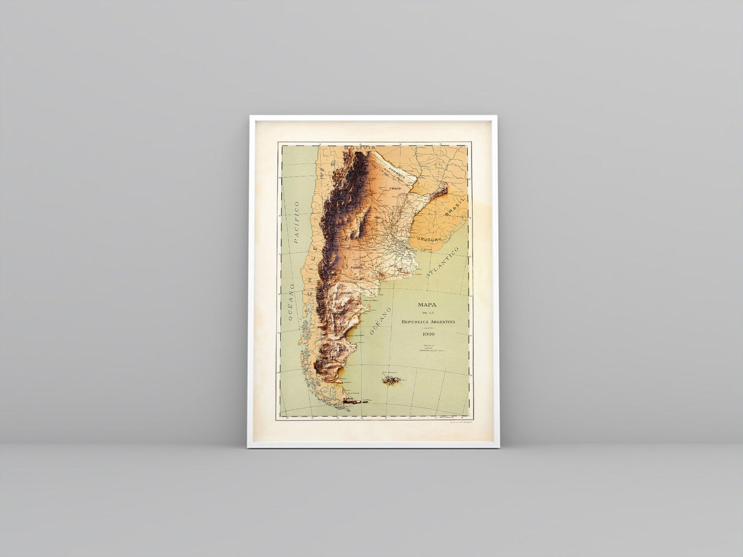 Argentina vintage framed shaded relief map in white frame. Artistic print highlighting mountains with a realistic 3d effect