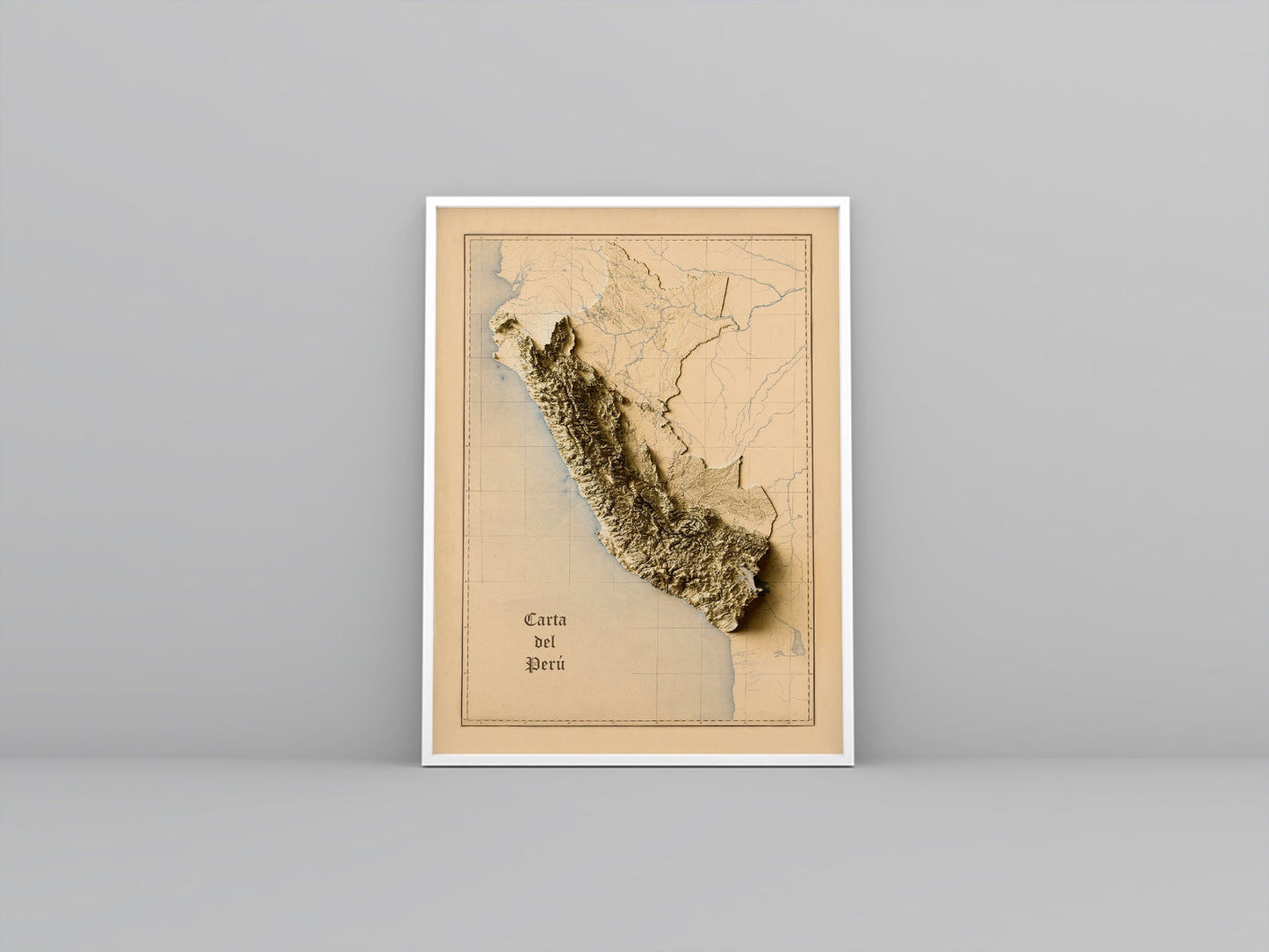 Peru vintage framed shaded relief map in white frame. Artistic print highlighting mountains with a realistic 3d effect