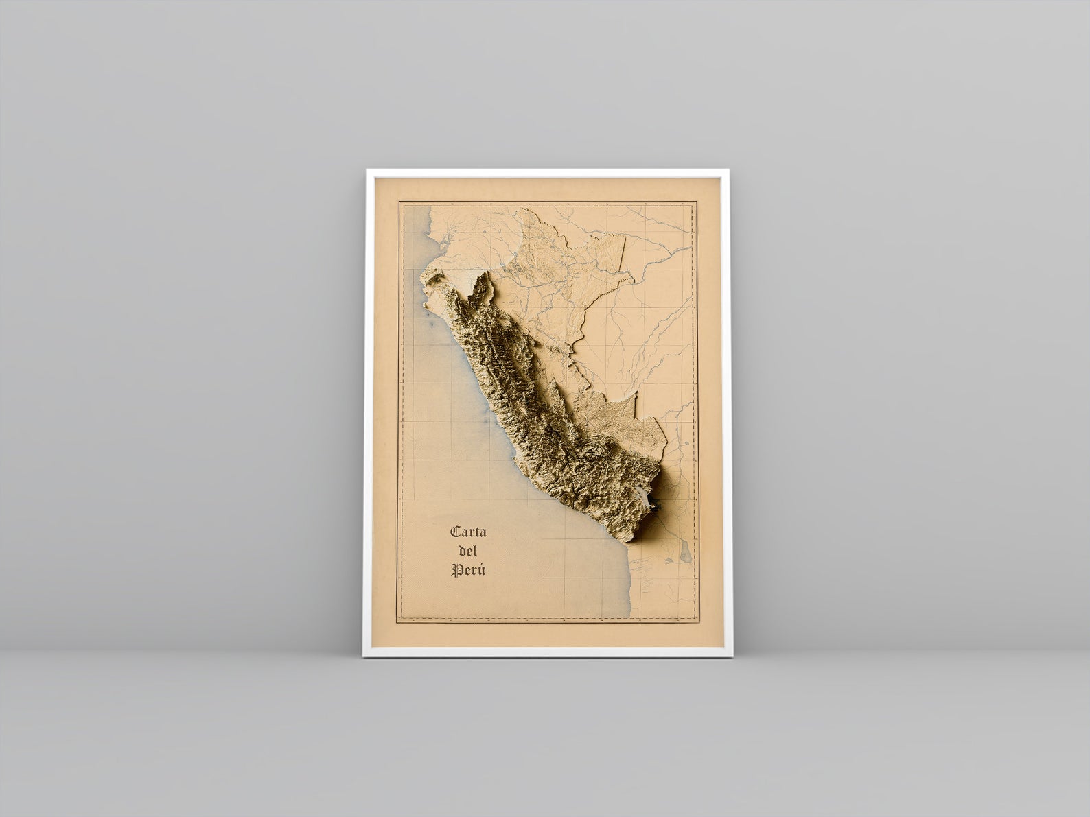 Peru vintage framed shaded relief map in white frame. Artistic print highlighting mountains with a realistic 3d effect