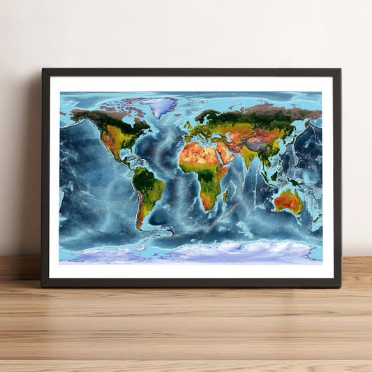 World framed shaded relief map in black frame, showing WGS84 Projection. Artistic print highlighting vegetation and bathymetry