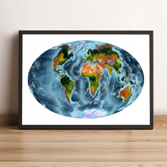 World framed shaded relief map in black frame, showing Aitoff Projection. Artistic print highlighting vegetation and bathymetry