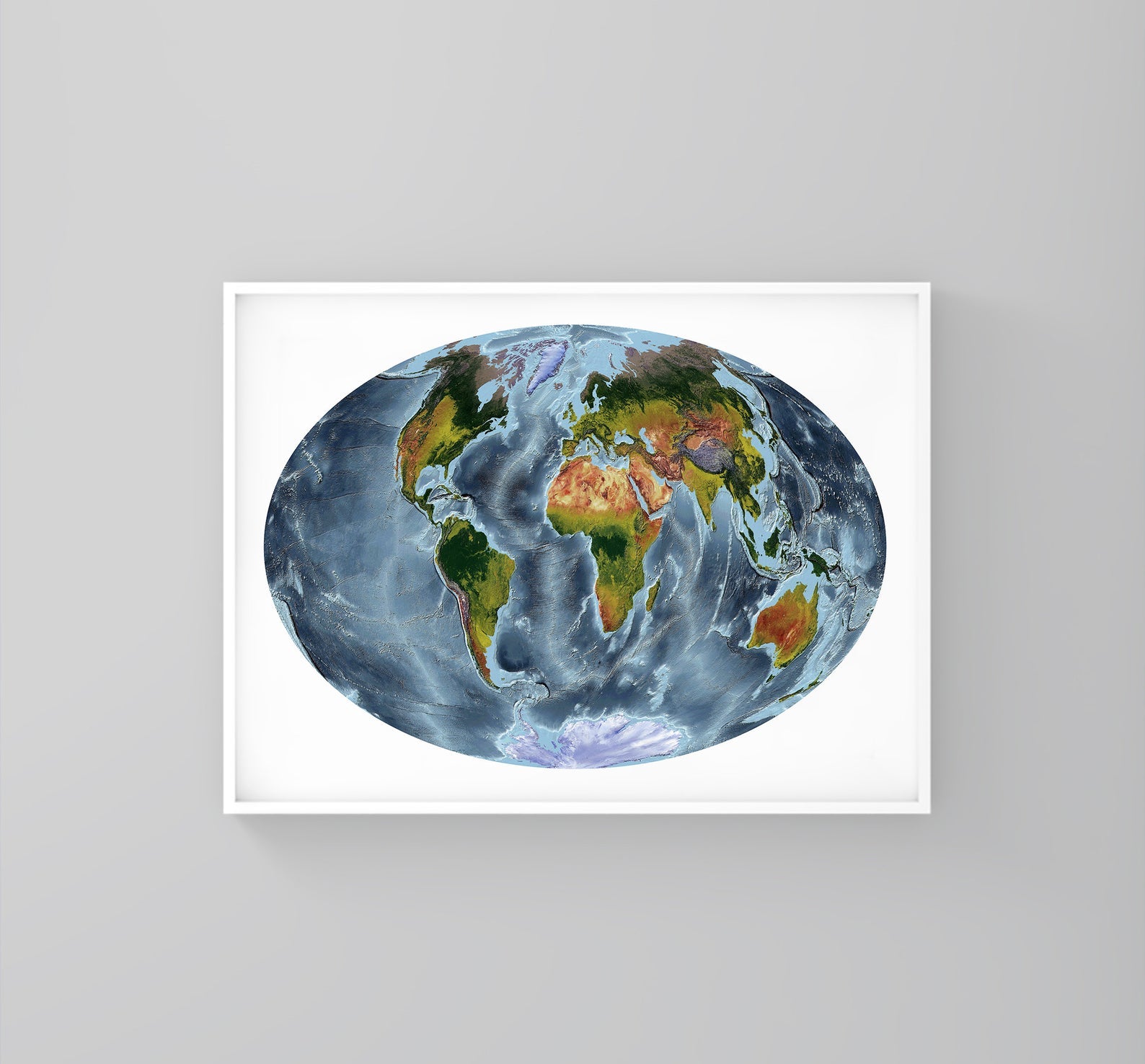 World framed shaded relief map in white frame. Aitoff Projection, an artistic print highlighting mountains and vegetation