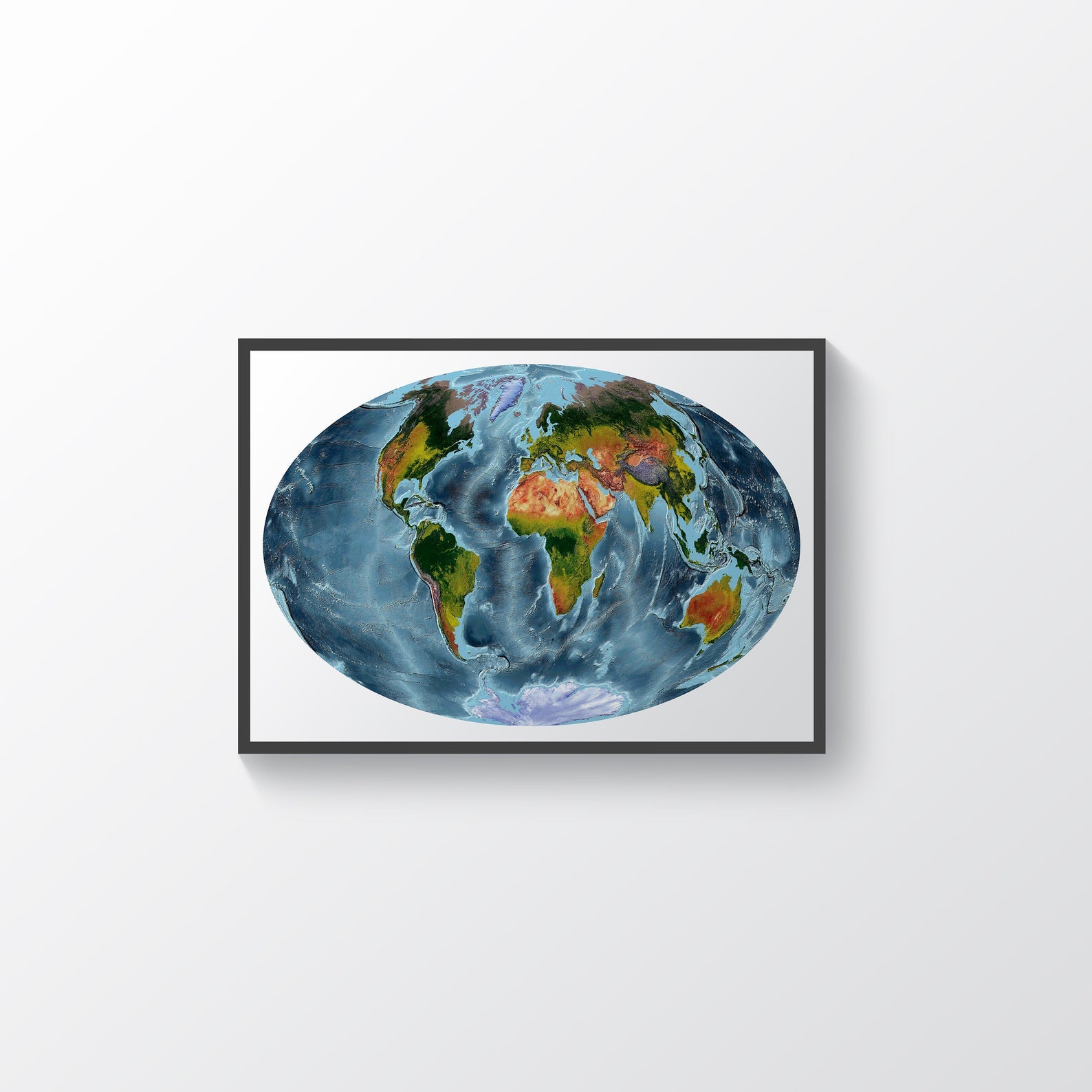 World framed shaded relief map in black frame, showing Aitoff Projection. Artistic print highlighting vegetation and bathymetry