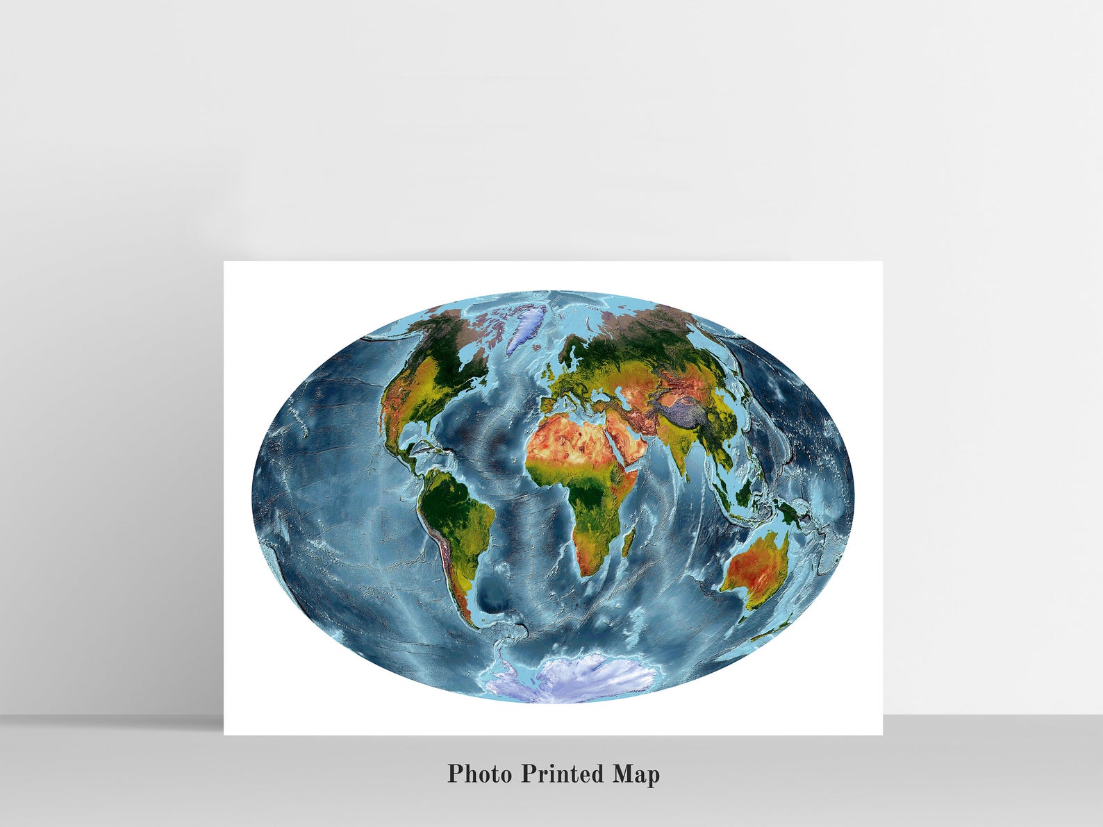 Aitoff Projection World Shaded relief map print, highlighting topography. Ideal for home decor and geography lovers