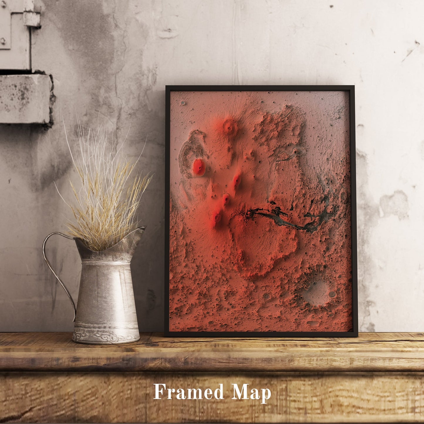 Mars shaded relief map in black frame. Realistic terrain art print for home decor, displayed on rustic wooden table