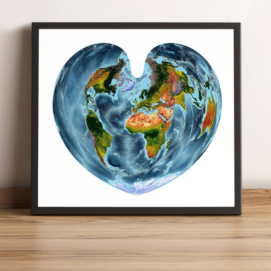 World framed shaded relief map in black frame, showing Bonne Projection. Artistic print highlighting vegetation and bathymetry