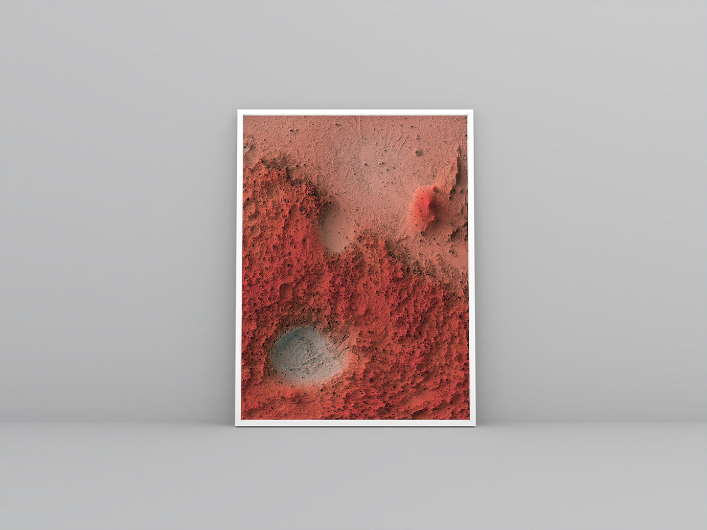 Mars framed shaded relief map in white frame. Artistic print highlighting mountains with a realistic 3d effect