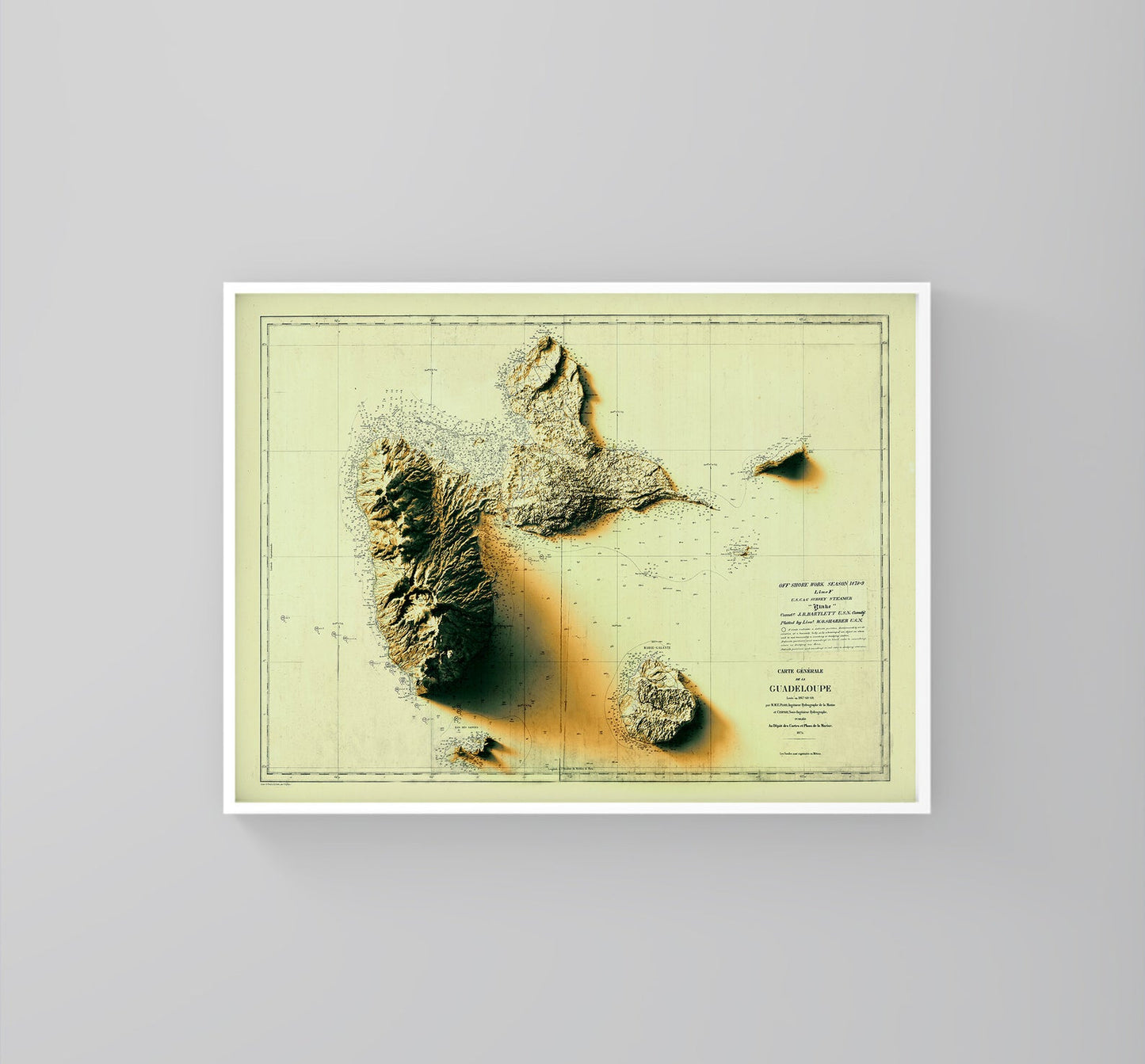 Guadeloupe (France) vintage framed shaded relief map in white frame. Artistic print highlighting mountains with a realistic 3d effect