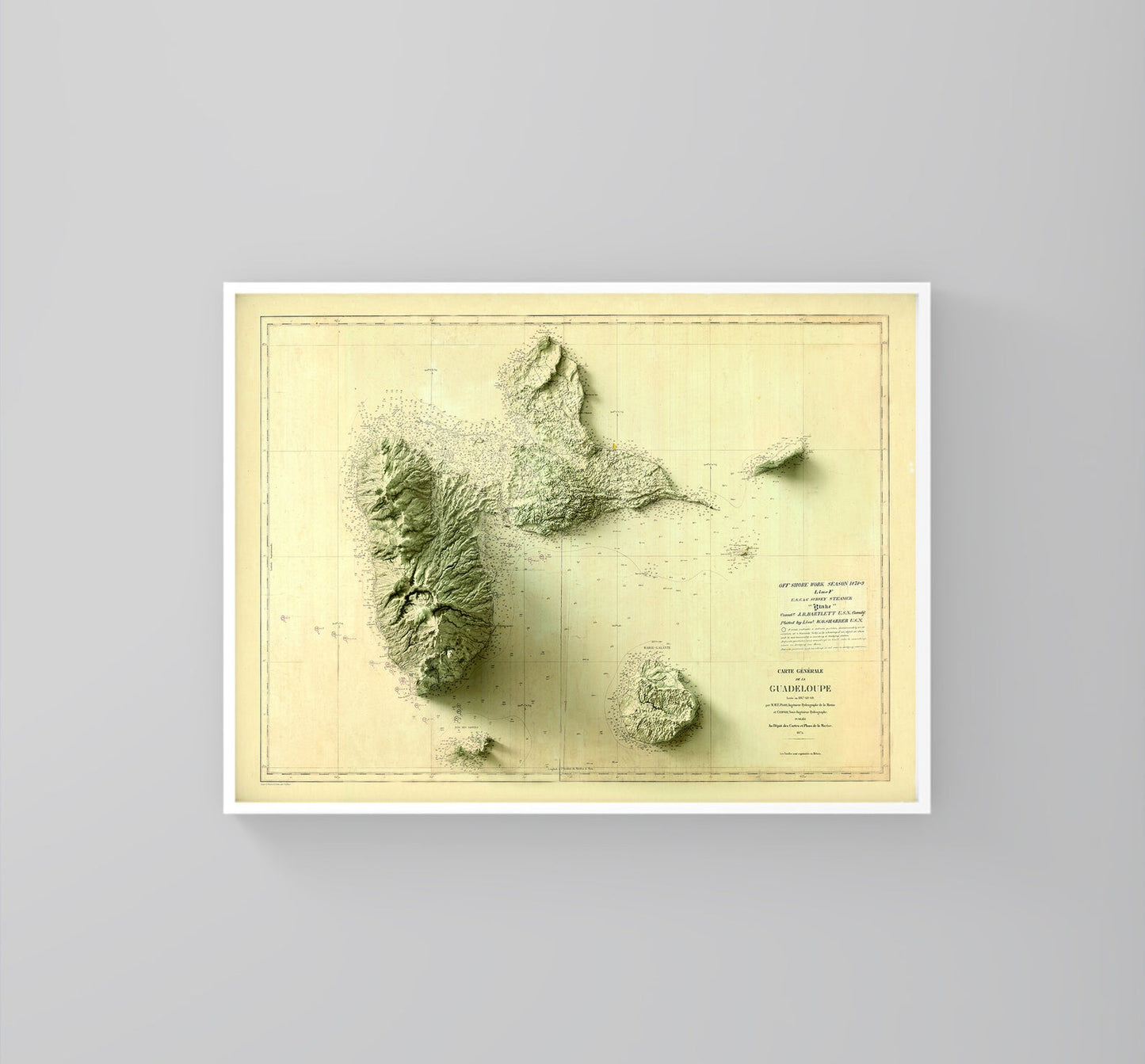Guadeloupe (France) vintage framed shaded relief map in white frame. Artistic print highlighting mountains with a realistic 3d effect