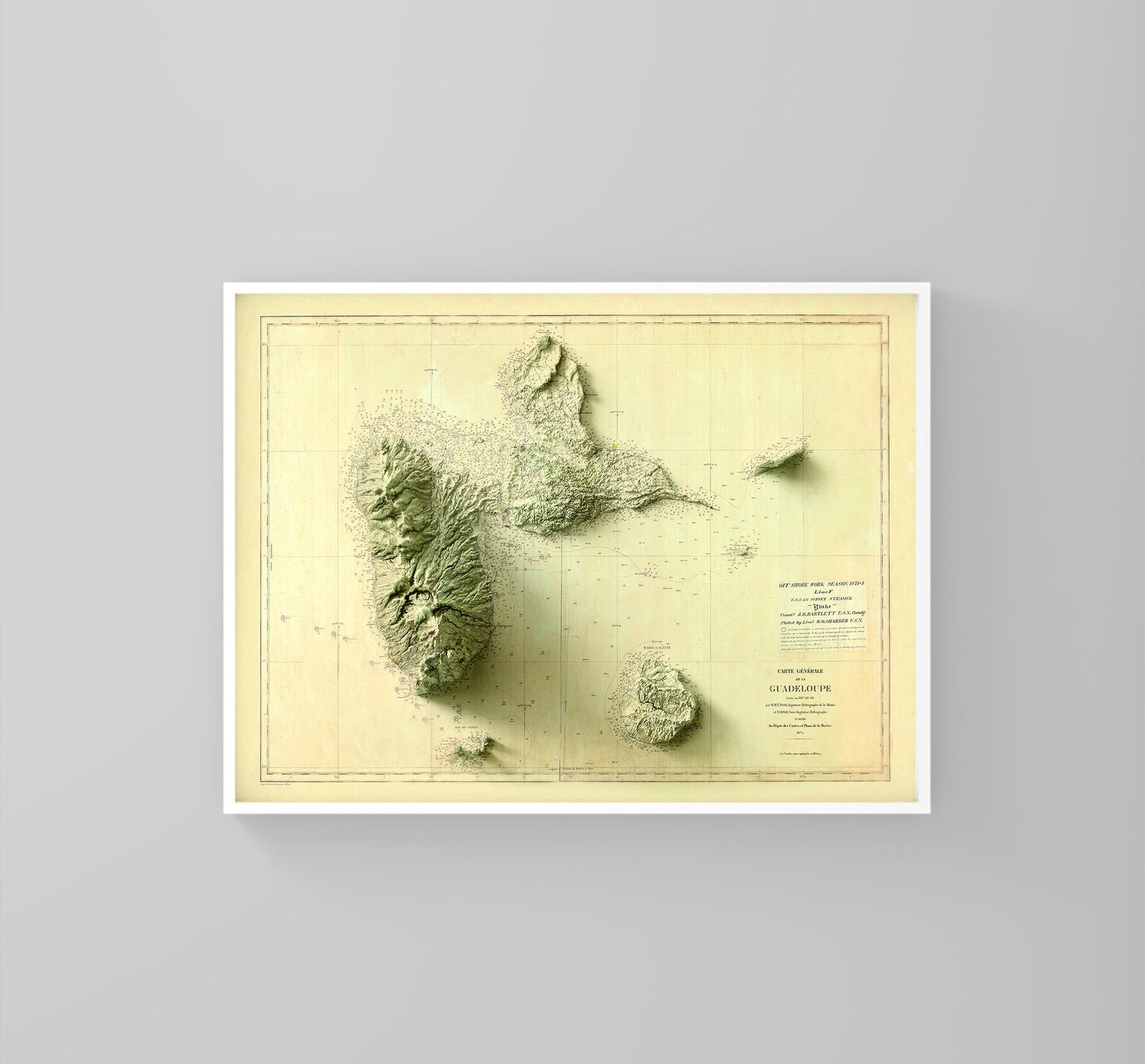Guadeloupe (France) vintage framed shaded relief map in white frame. Artistic print highlighting mountains with a realistic 3d effect