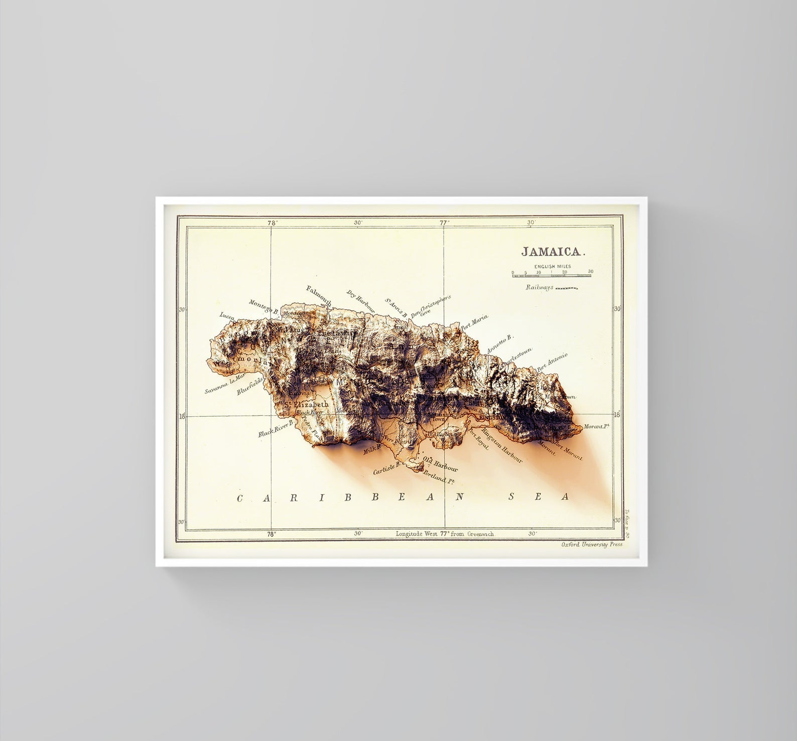 Jamaica vintage framed shaded relief map in white frame. Artistic print highlighting mountains with a realistic 3d effect