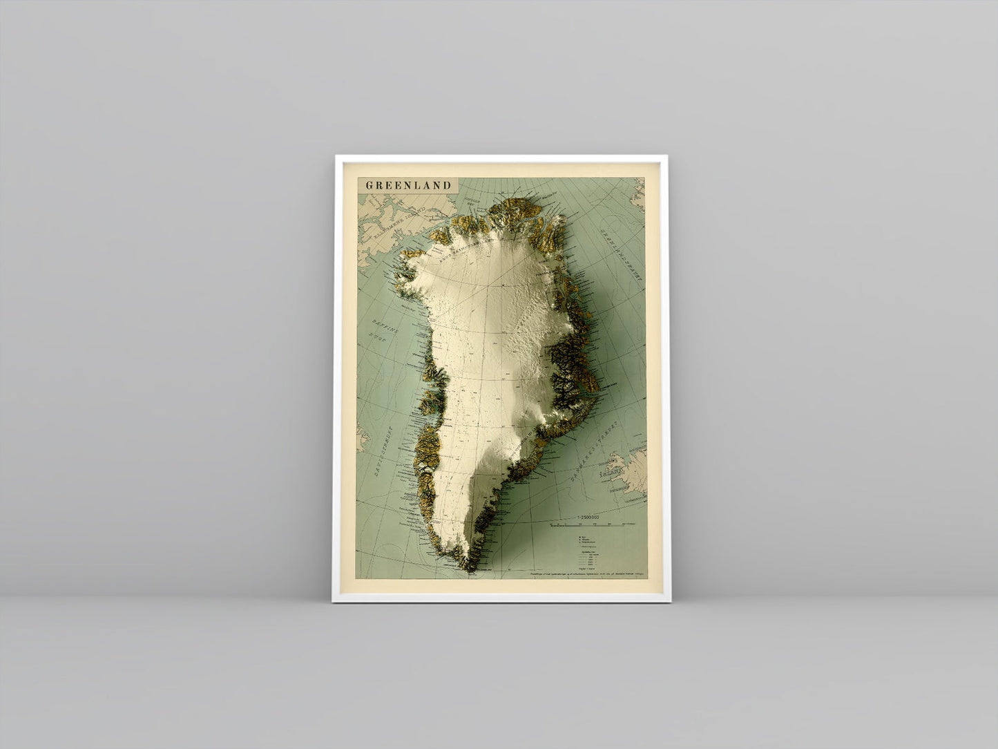 Greenland vintage framed shaded relief map in white frame. Artistic print highlighting mountains with a realistic 3d effect