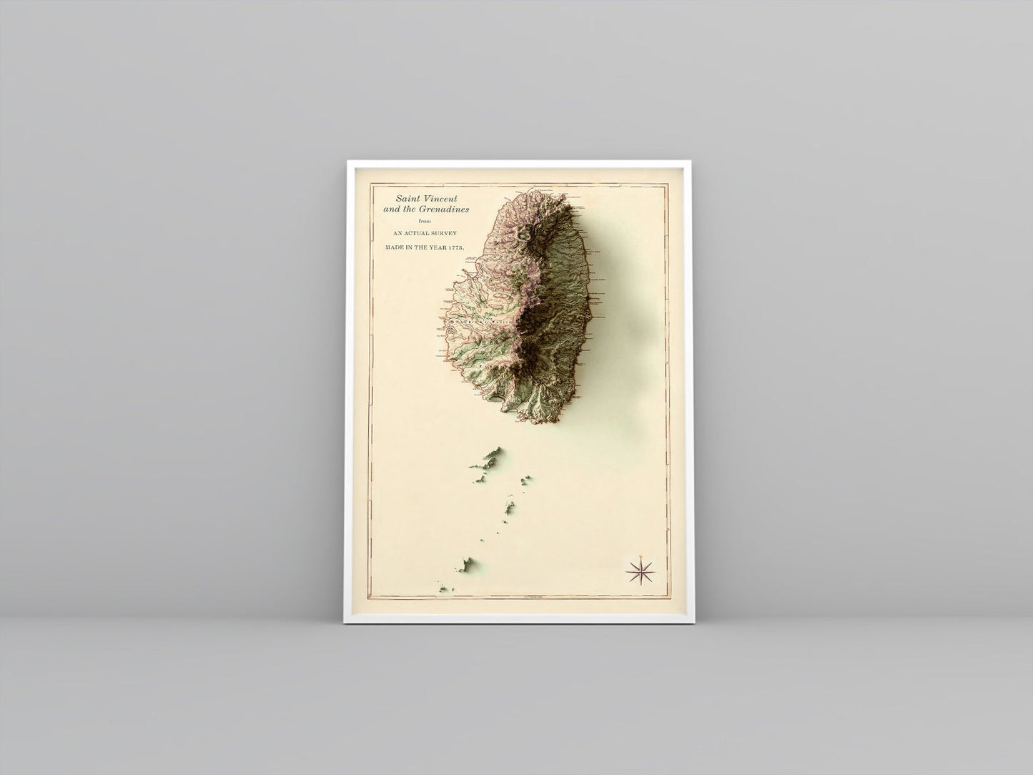 Saint Vincent and the Grenadines framed shaded relief map in white frame. Artistic print highlighting mountains with a realistic 3d effect