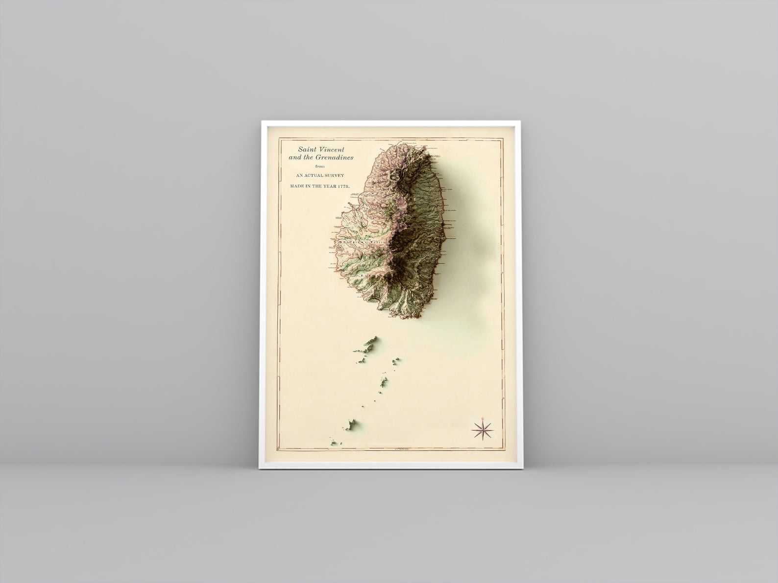 Saint Vincent and the Grenadines framed shaded relief map in white frame. Artistic print highlighting mountains with a realistic 3d effect