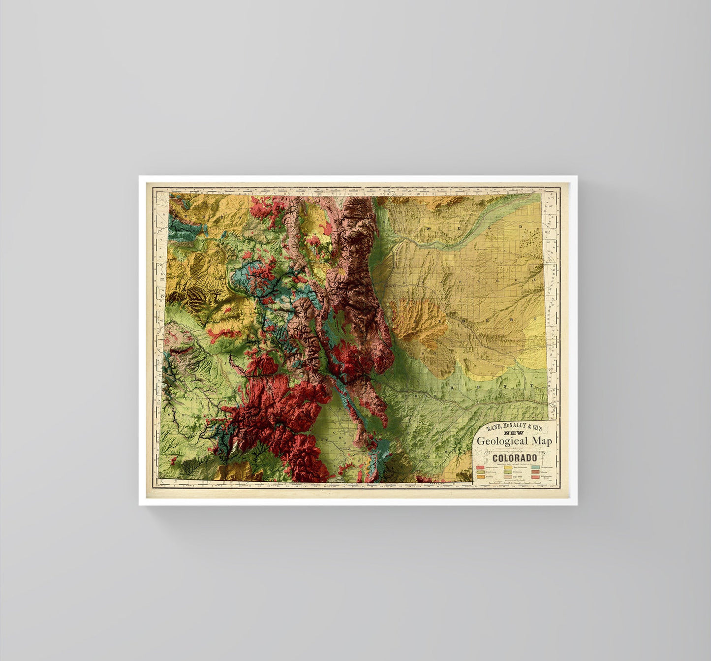 Colorado (USA) vintage framed shaded relief map in white frame. Artistic print highlighting mountains with a realistic 3d effect
