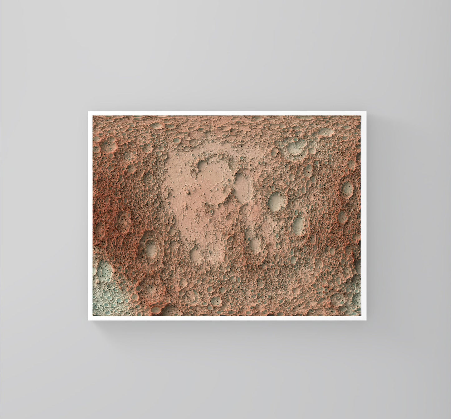 Moon framed shaded relief map in white frame. Artistic print highlighting mountains with a realistic 3d effect