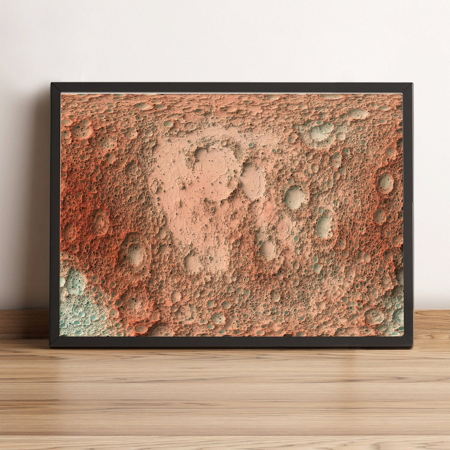 Moon framed shaded relief map in black frame. Artistic print highlighting mountains with a realistic terrain effect