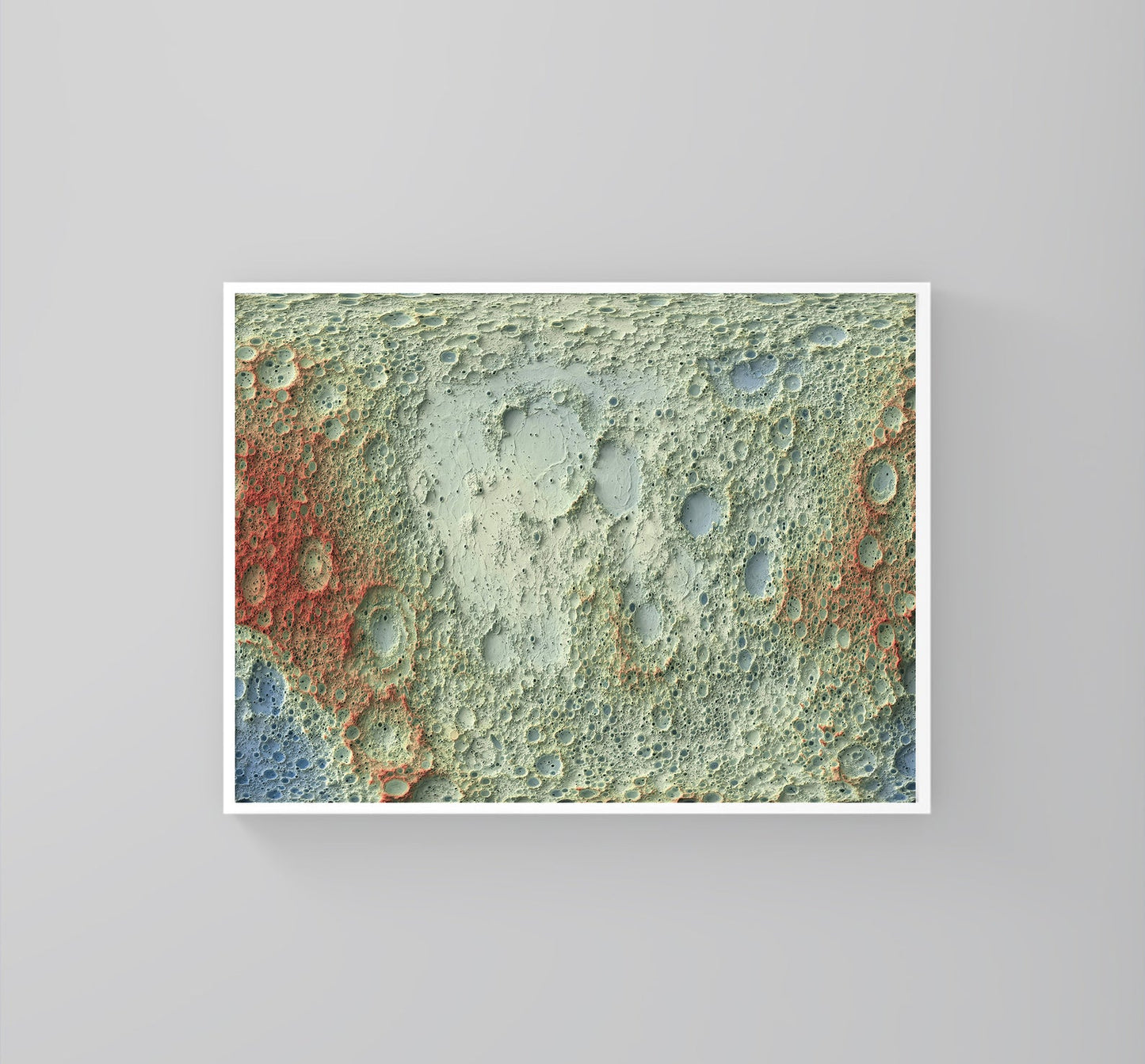 Moon framed shaded relief map in white frame. Artistic print highlighting mountains with a realistic 3d effect