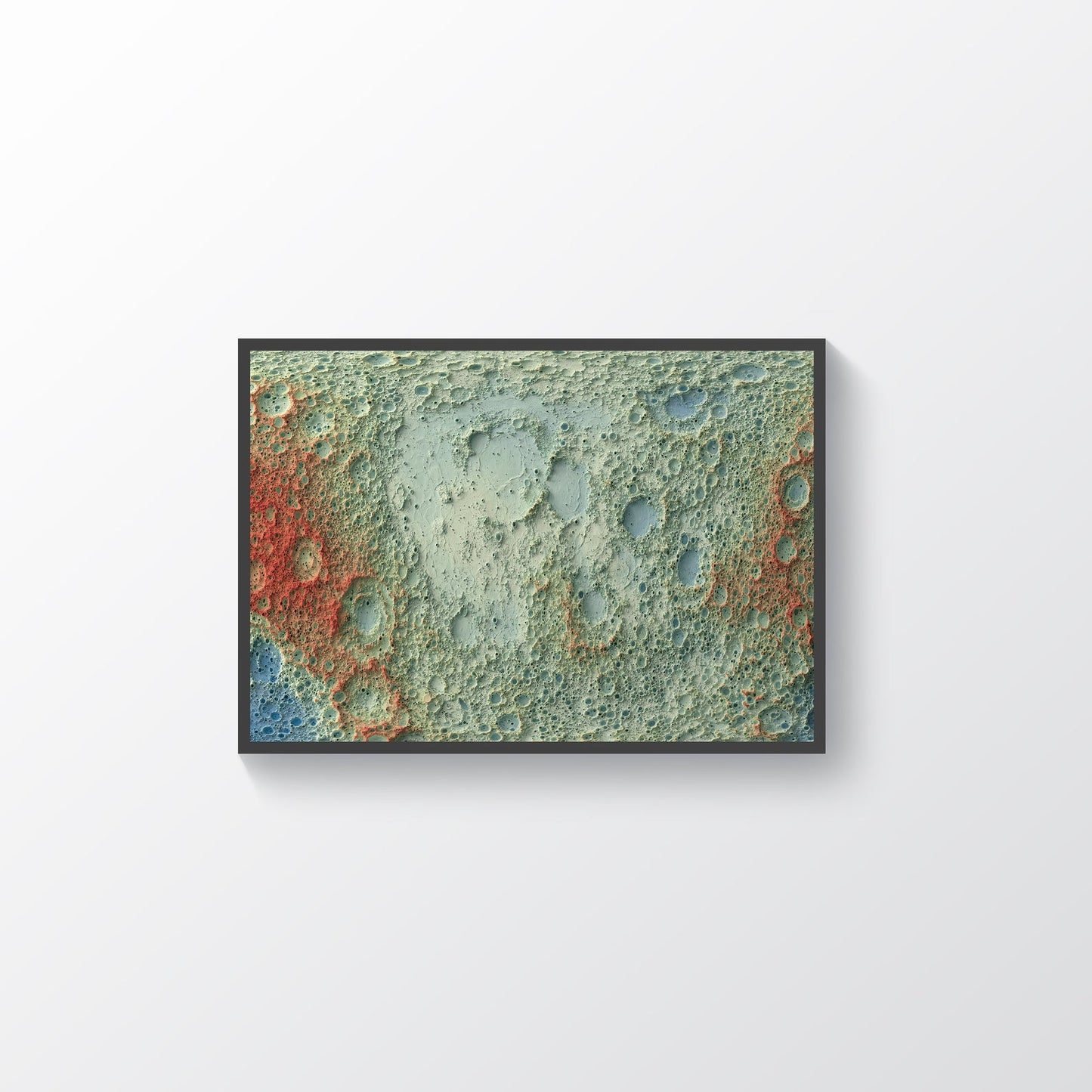 Moon framed shaded relief map in black frame. Artistic print highlighting mountains with a realistic terrain effect