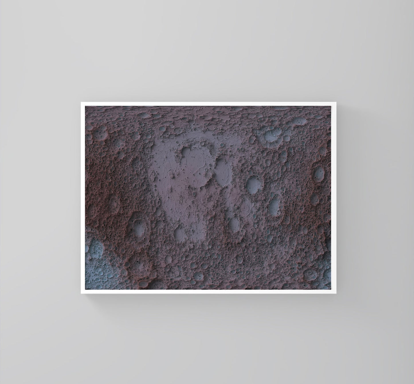 Moon framed shaded relief map in white frame. Artistic print highlighting mountains with a realistic 3d effect