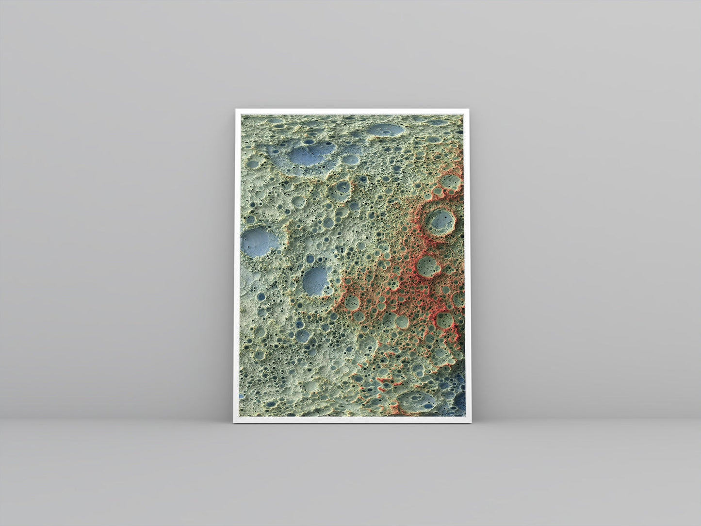 Moon framed shaded relief map in white frame. Artistic print highlighting mountains with a realistic 3d effect