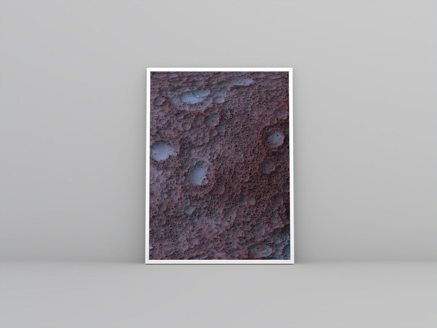 Moon framed shaded relief map in white frame. Artistic print highlighting mountains with a realistic 3d effect