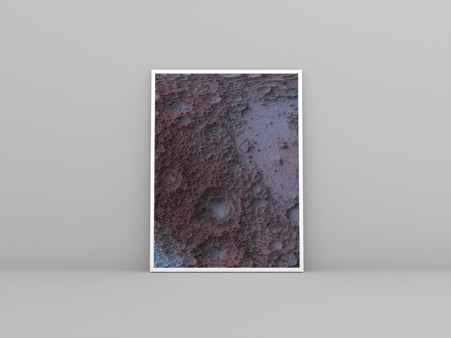 Moon framed shaded relief map in white frame. Artistic print highlighting mountains with a realistic 3d effect