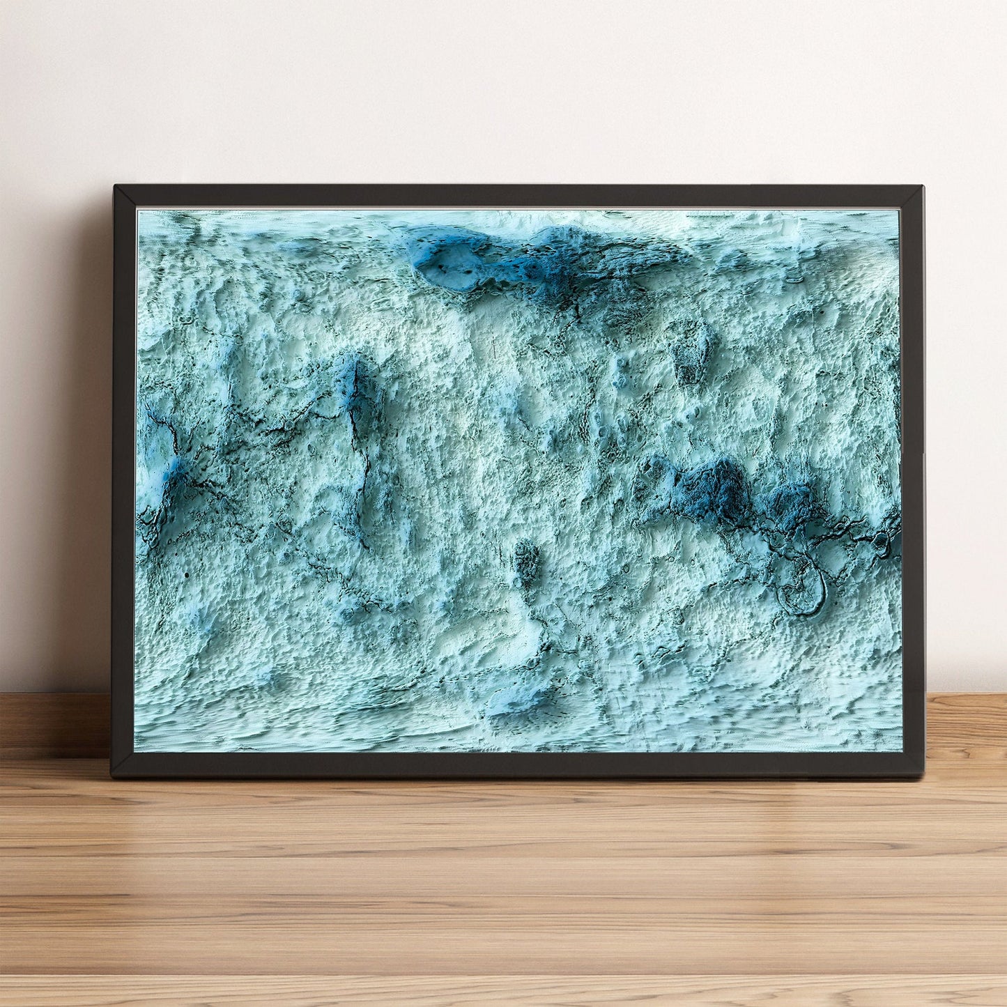 Venus Planet framed shaded relief map in black frame. Artistic print highlighting mountains with a realistic terrain effect