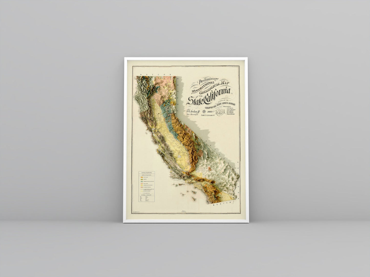 California (USA) vintage framed shaded relief map in white frame. Artistic print highlighting mountains with a realistic 3d effect
