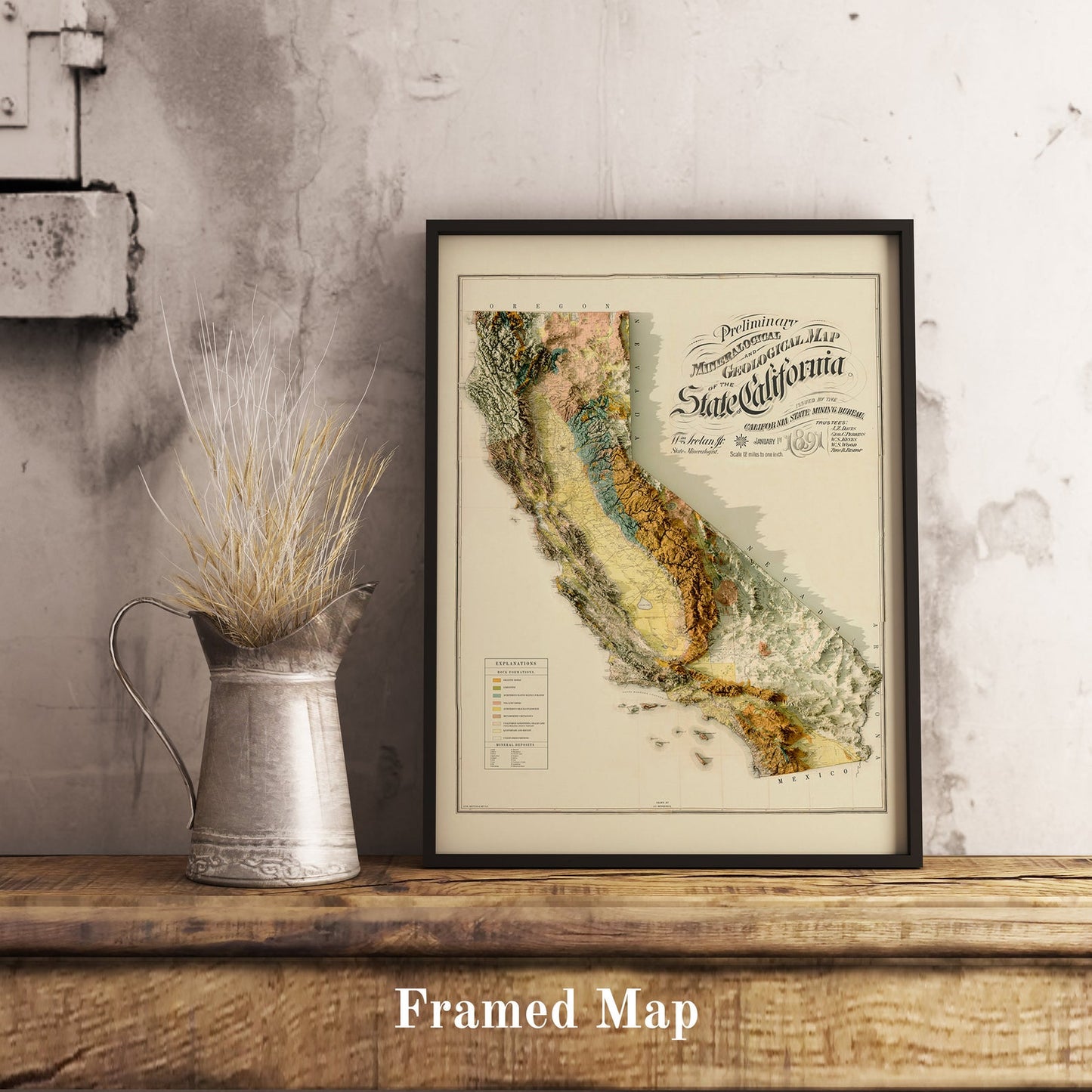 Vintage California (USA) shaded relief map in black frame. Realistic terrain art print for home decor, displayed on rustic wooden table