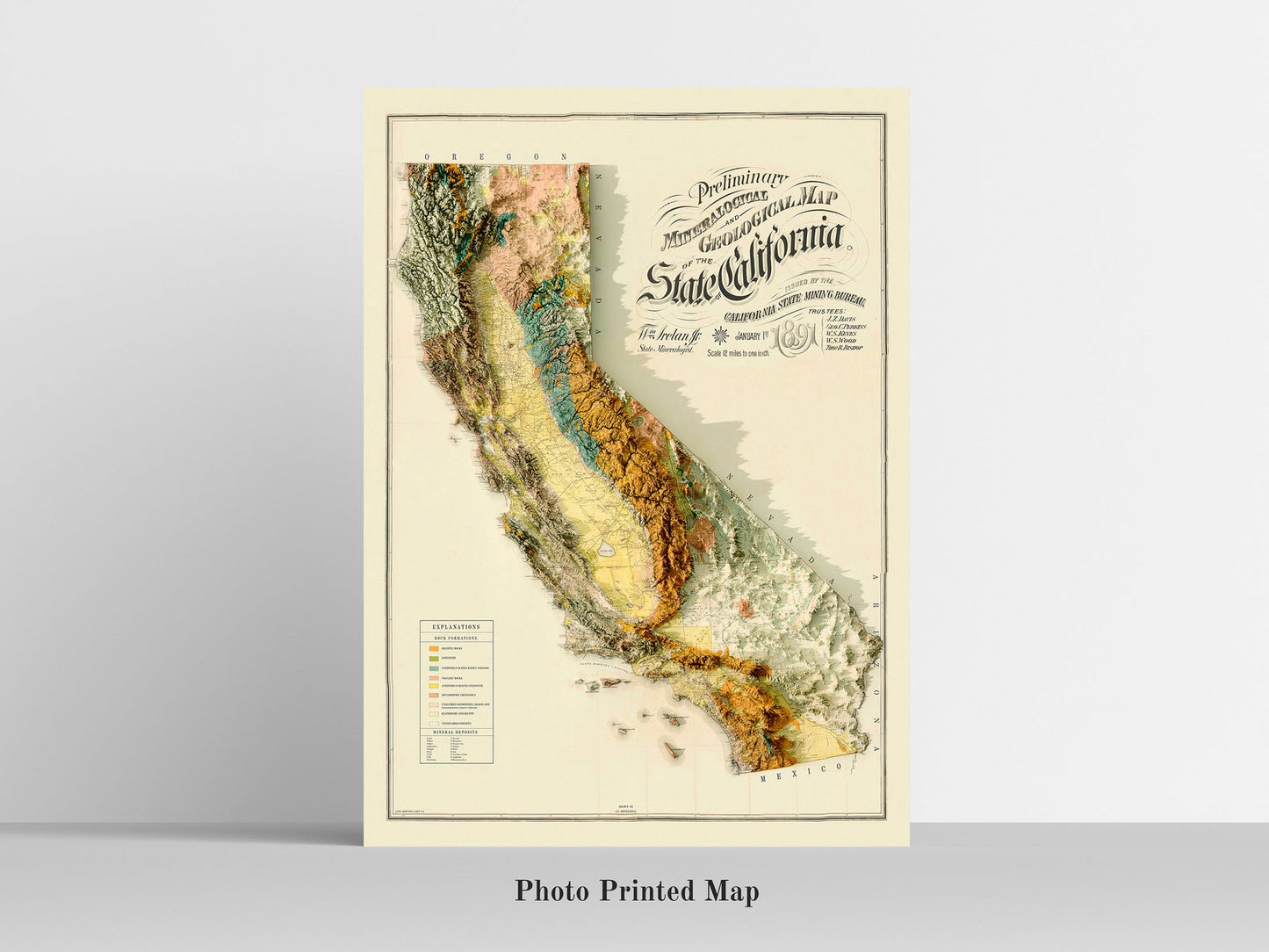 California (USA) Shaded relief map print, highlighting topography. Ideal for home decor and geography lovers