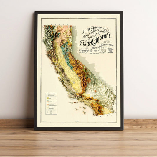 California (USA) vintage framed shaded relief map in black frame. Artistic print highlighting mountains with a realistic terrain effect
