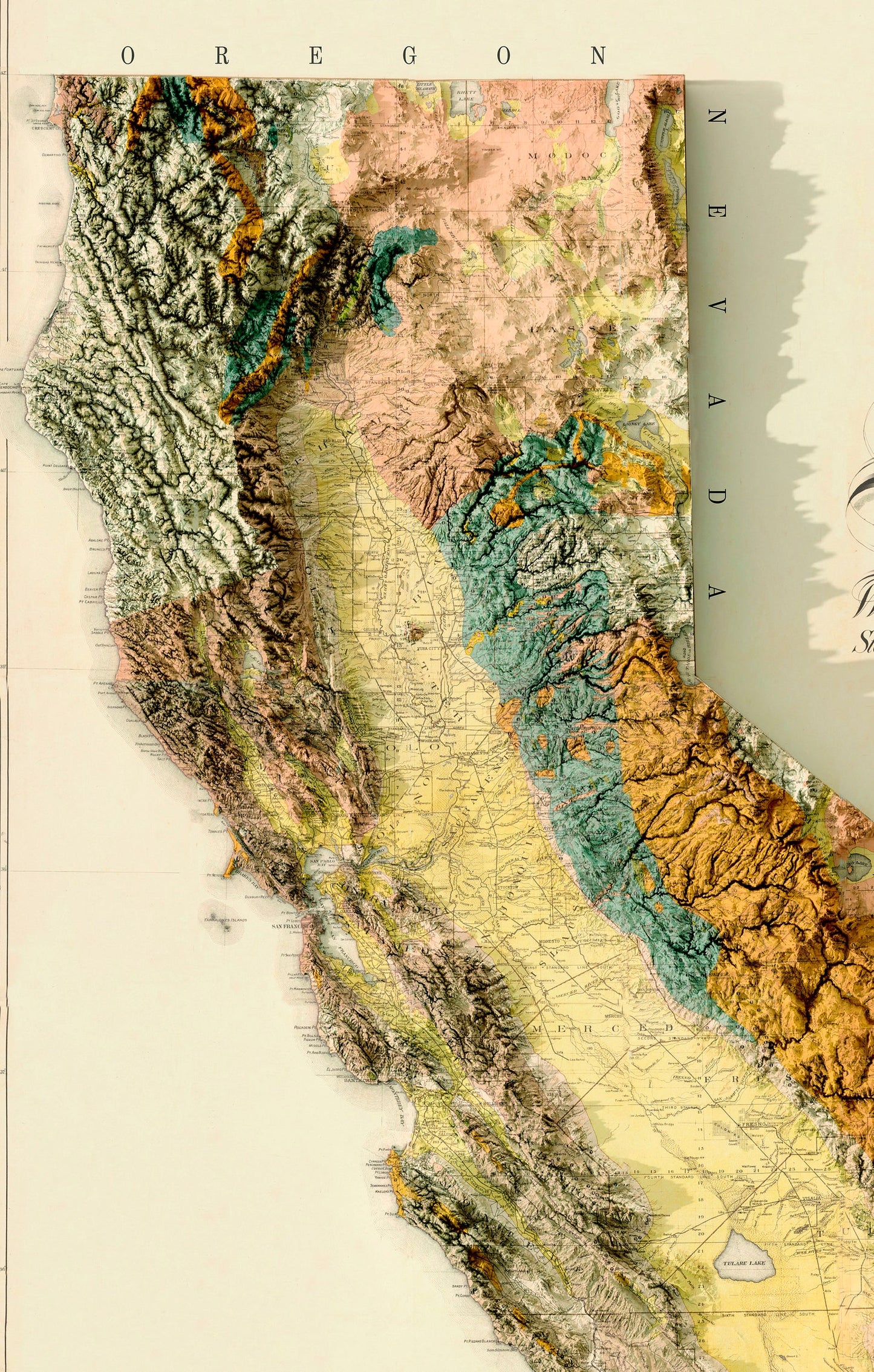 Detailed close-up of a California (USA) relief map, showcasing textured topography and geographic contours