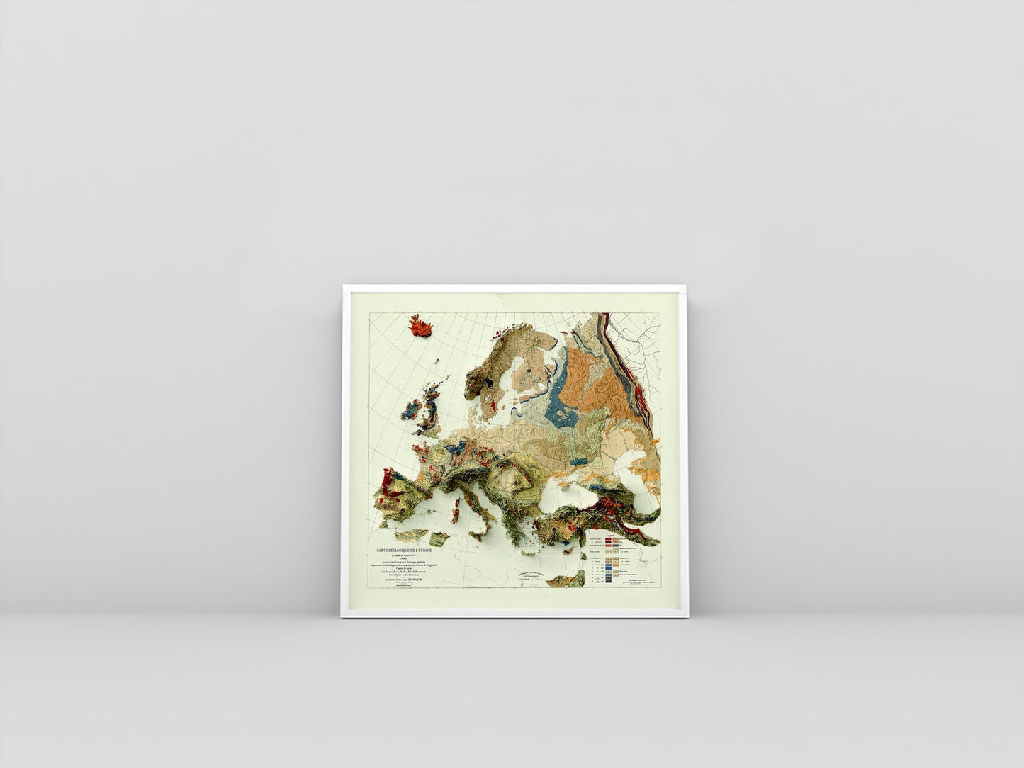 Europe vintage framed shaded relief map in white frame. Artistic print highlighting mountains with a realistic 3d effect