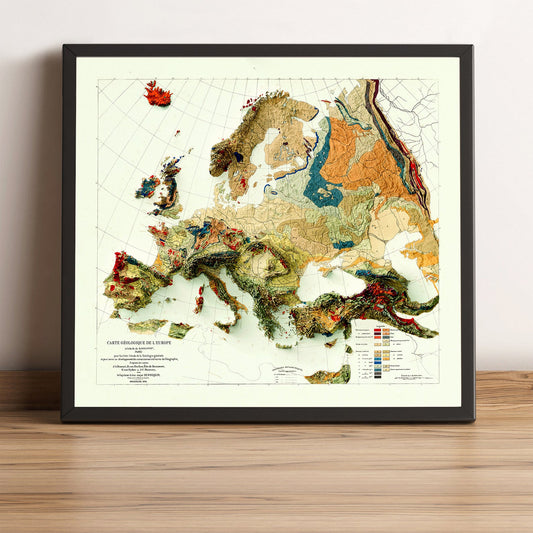 Europe vintage framed shaded relief map in black frame. Artistic print highlighting mountains with a realistic terrain effect