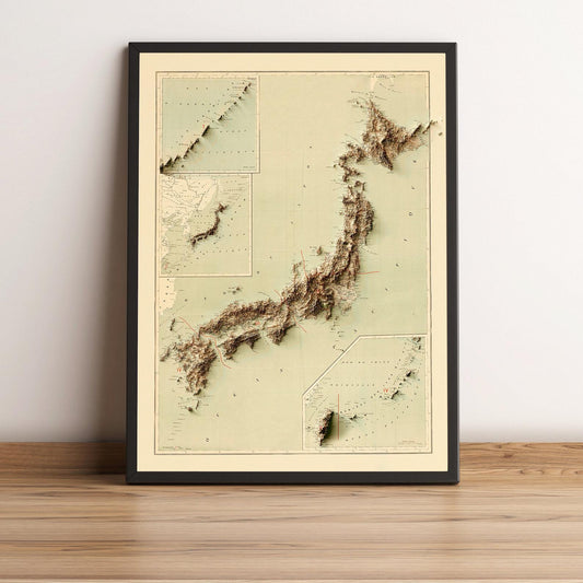 Japan vintage framed shaded relief map in black frame. Artistic print highlighting mountains with a realistic terrain effect
