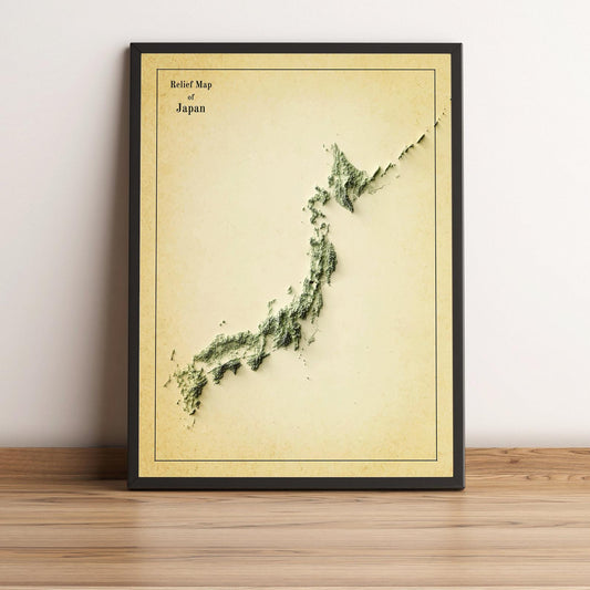 Japan vintage framed shaded relief map in black frame. Artistic print highlighting mountains with a realistic terrain effect