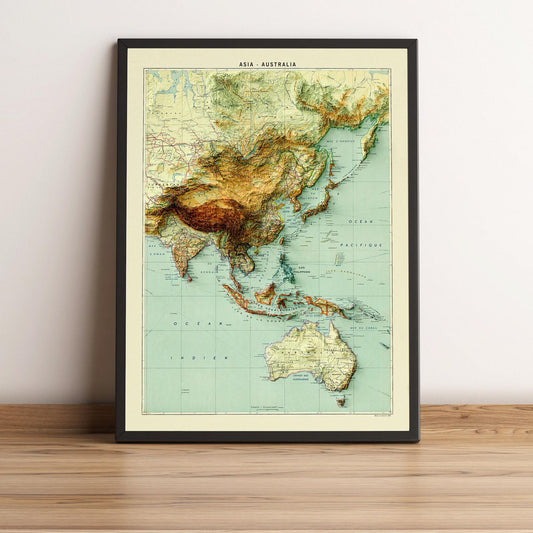 Asia and Australia vintage framed shaded relief map in black frame. Artistic print highlighting mountains with a realistic terrain effect