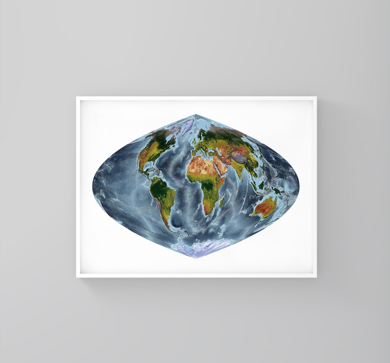 World framed shaded relief map in white frame. Craster Parabolic Projection, an artistic print highlighting mountains and vegetation