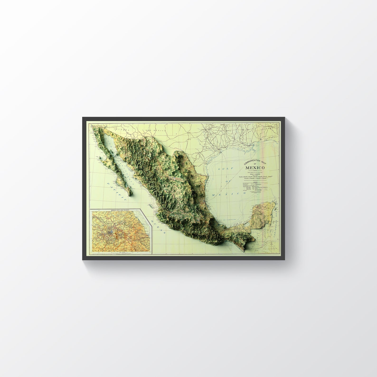 Mexico vintage framed shaded relief map in black frame. Artistic print highlighting mountains with a realistic terrain effect