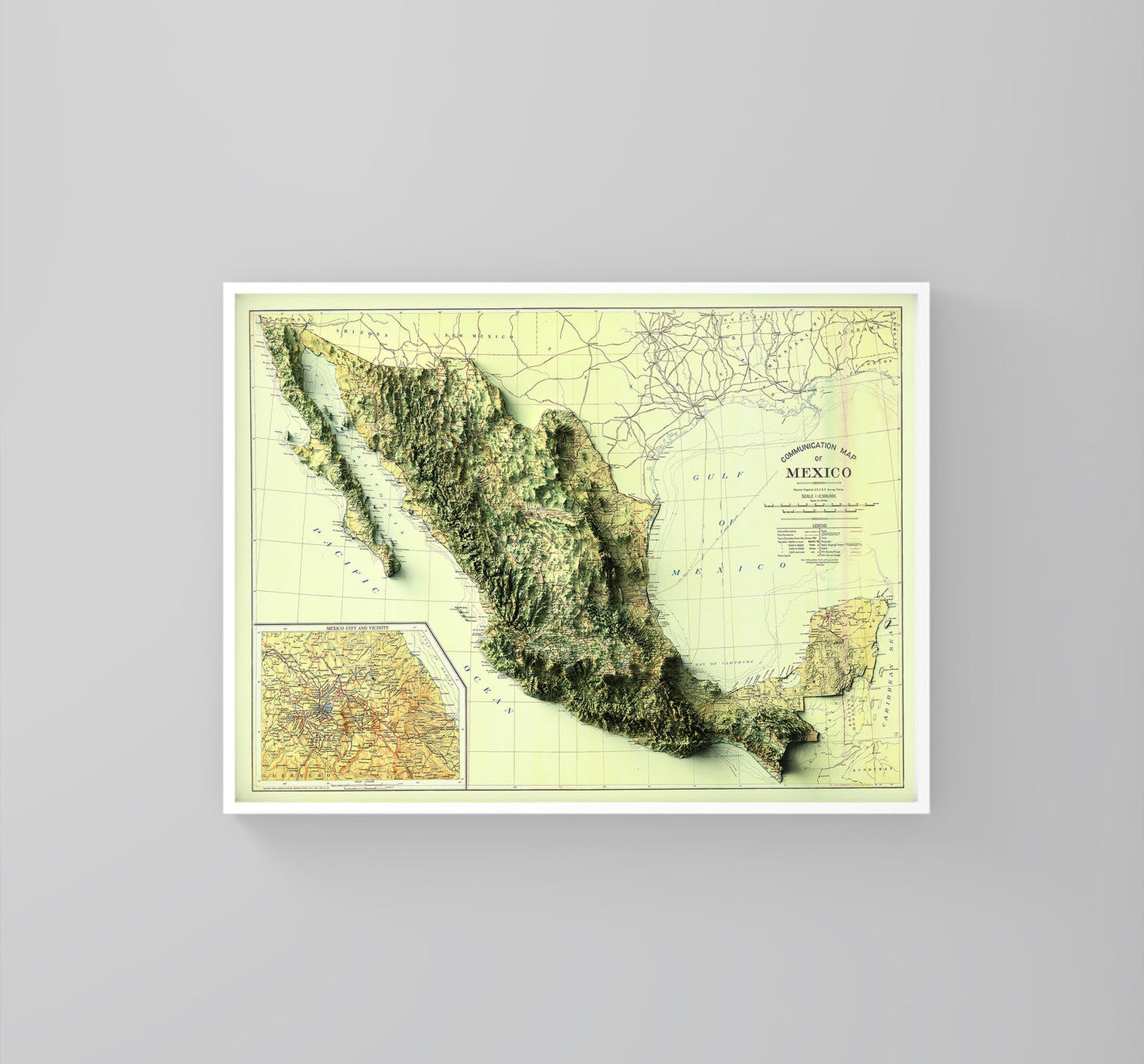 Mexico vintage framed shaded relief map in white frame. Artistic print highlighting mountains with a realistic 3d effect