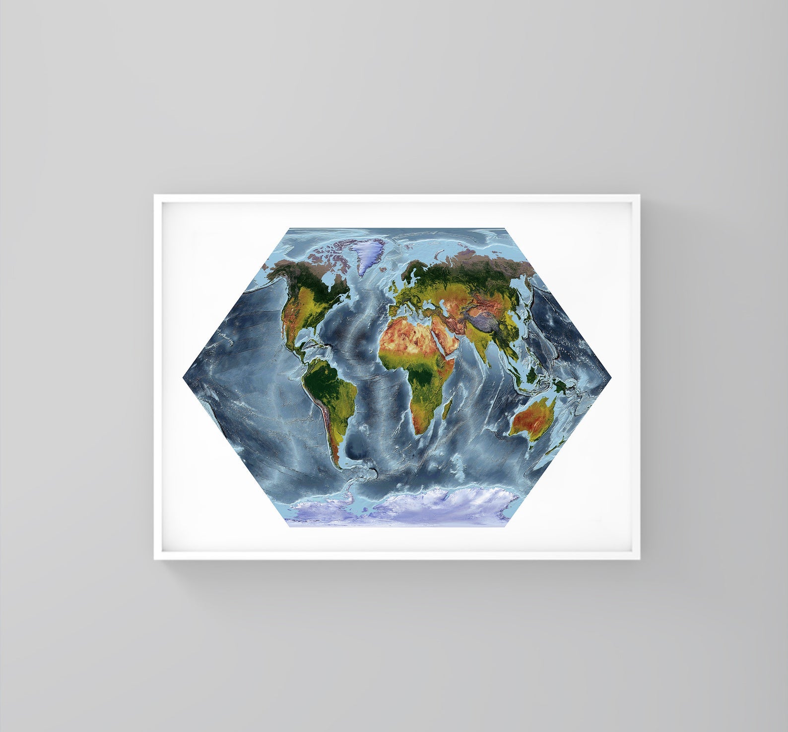 World framed shaded relief map in white frame. Eckert Projection, an artistic print highlighting mountains and vegetation