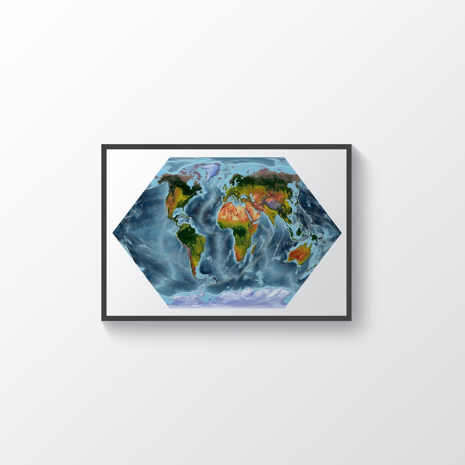 World framed shaded relief map in black frame, showing Eckert Projection. Artistic print highlighting vegetation and bathymetry