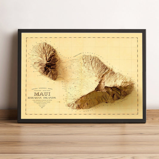Maui (Hawaii) vintage framed shaded relief map in black frame. Artistic print highlighting mountains with a realistic terrain effect