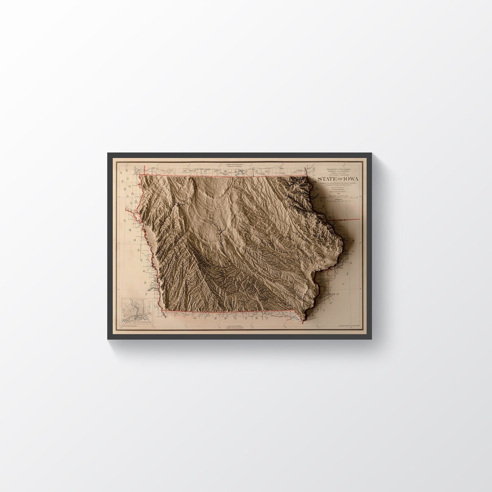 Iowa (USA) vintage framed shaded relief map in black frame. Artistic print highlighting mountains with a realistic terrain effect